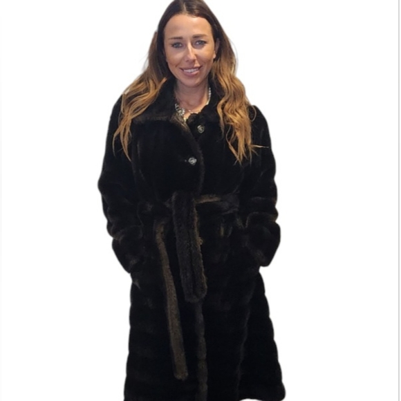 Vintage 1950s Tissavel France  Faux Brown Fur Coat with Fur Waistband - Picture 2 of 12